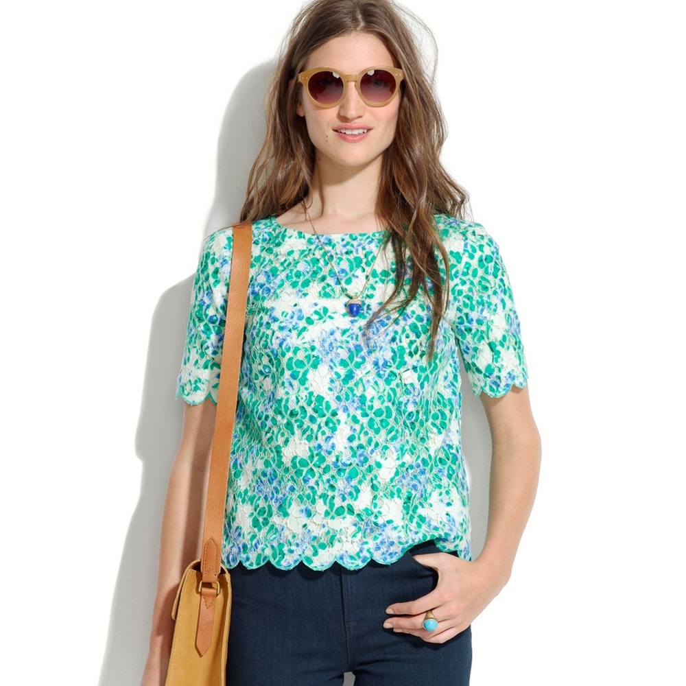 madewell | painted lace bloom scalloped blouse green blue s